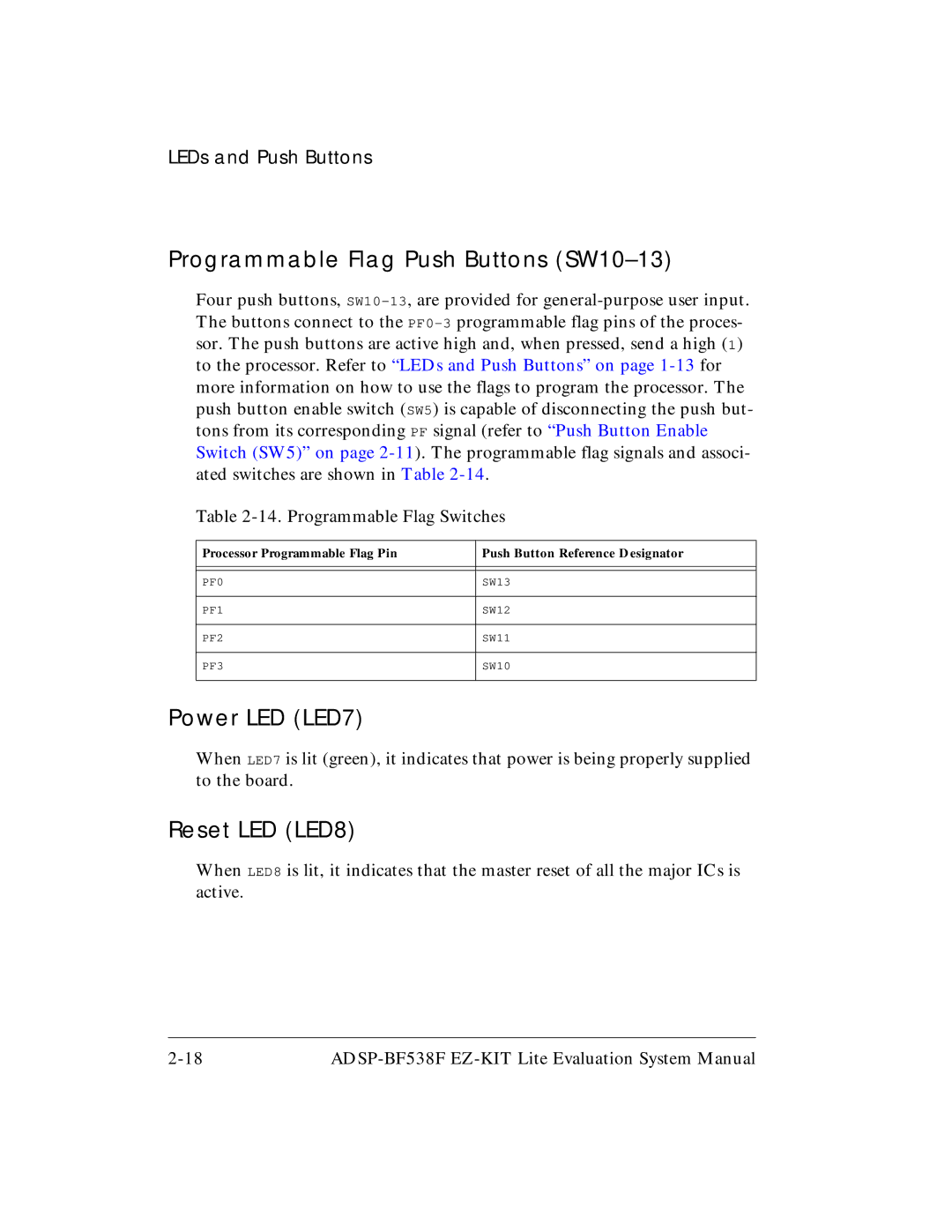 Analog Devices ADSP-BF538F system manual Programmable Flag Push Buttons SW10-13, Power LED LED7, Reset LED LED8 