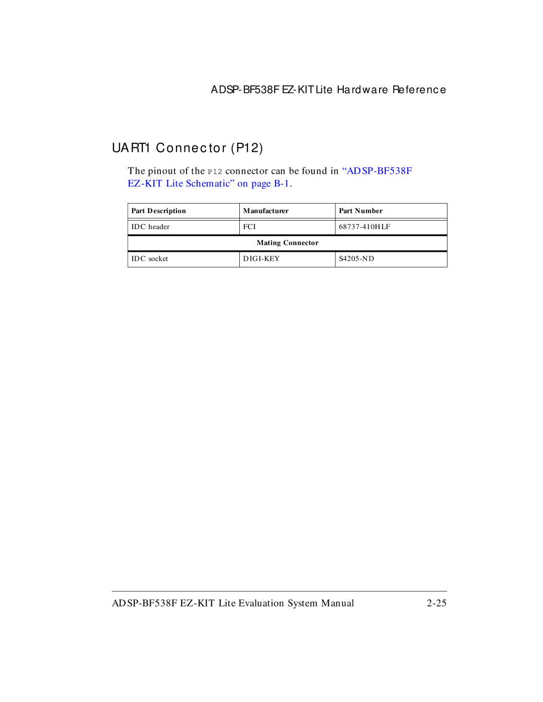 Analog Devices ADSP-BF538F system manual UART1 Connector P12 