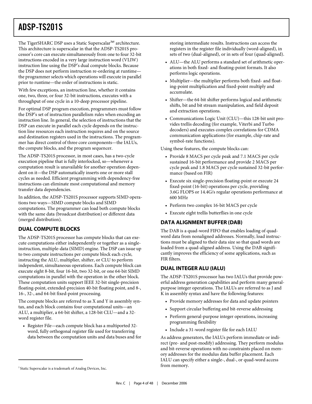 Analog Devices ADSP-TS201S specifications Dual Compute Blocks, Data Alignment Buffer DAB, Dual Integer ALU Ialu 