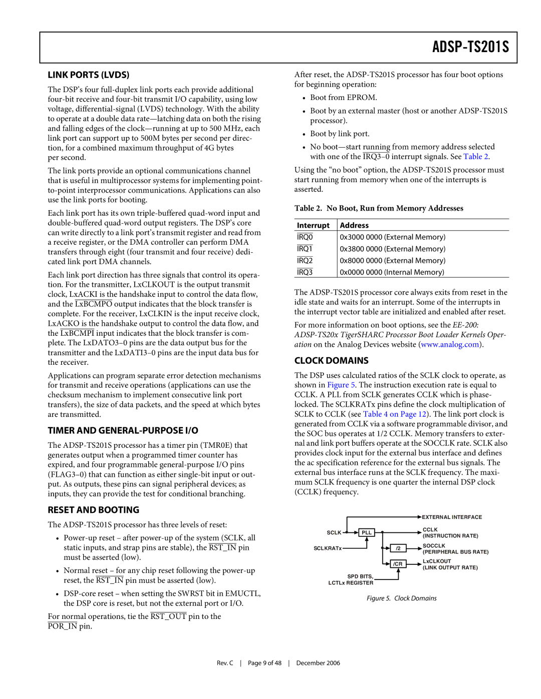 Analog Devices ADSP-TS201S specifications Link Ports Lvds, Timer and GENERAL-PURPOSE I/O, Reset and Booting, Clock Domains 