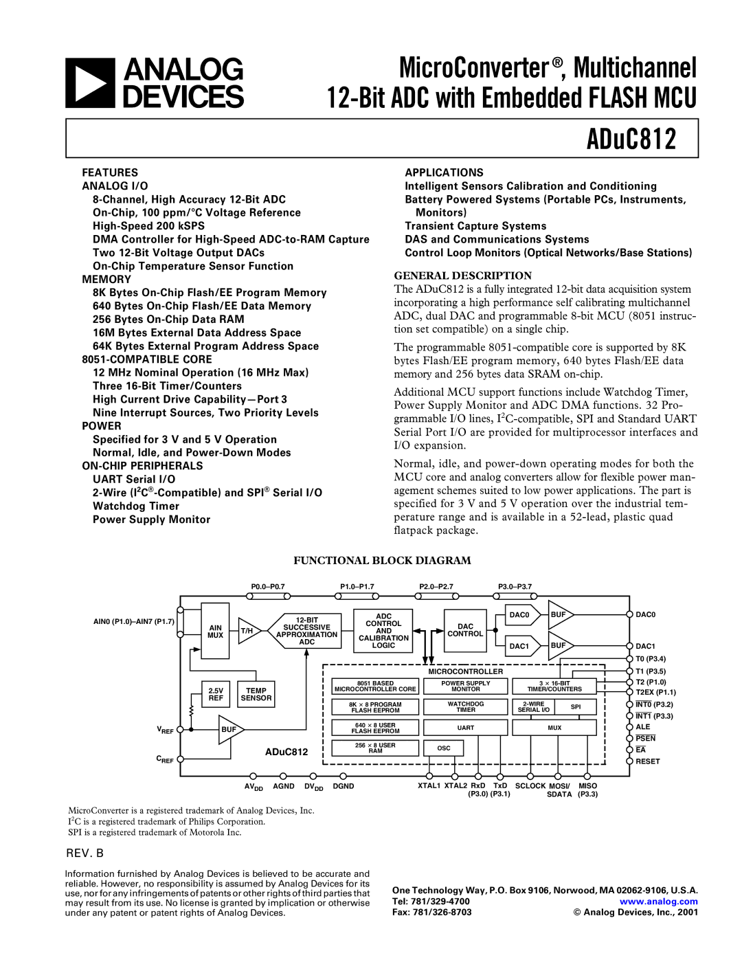 Analog Devices ADuC812 manual General Description, Functional Block Diagram 