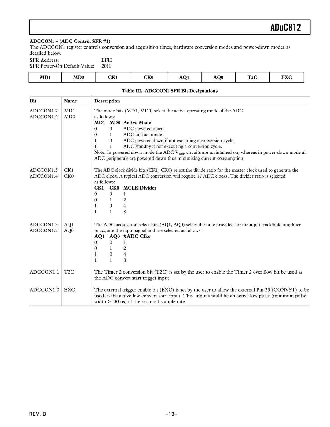 Analog Devices ADuC812 manual Efh, AQ1, AQ0 #ADC Clks, ADCCON1.1 T2C, ADCCON1.0 EXC 