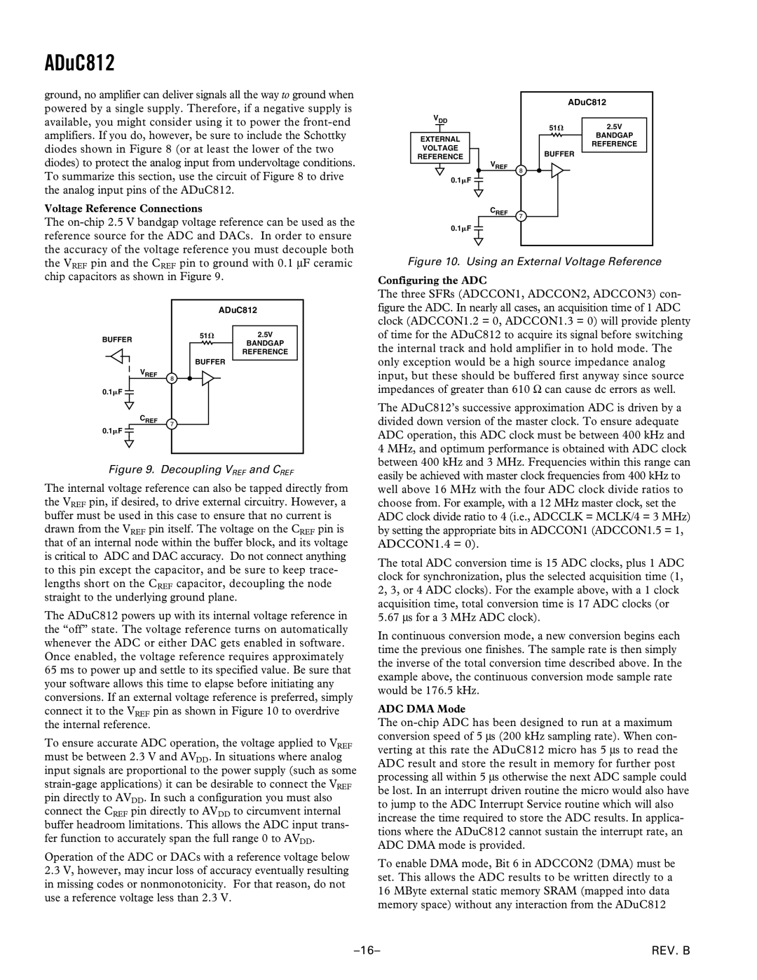 Analog Devices ADuC812 manual Voltage Reference Connections, Configuring the ADC, ADC DMA Mode 