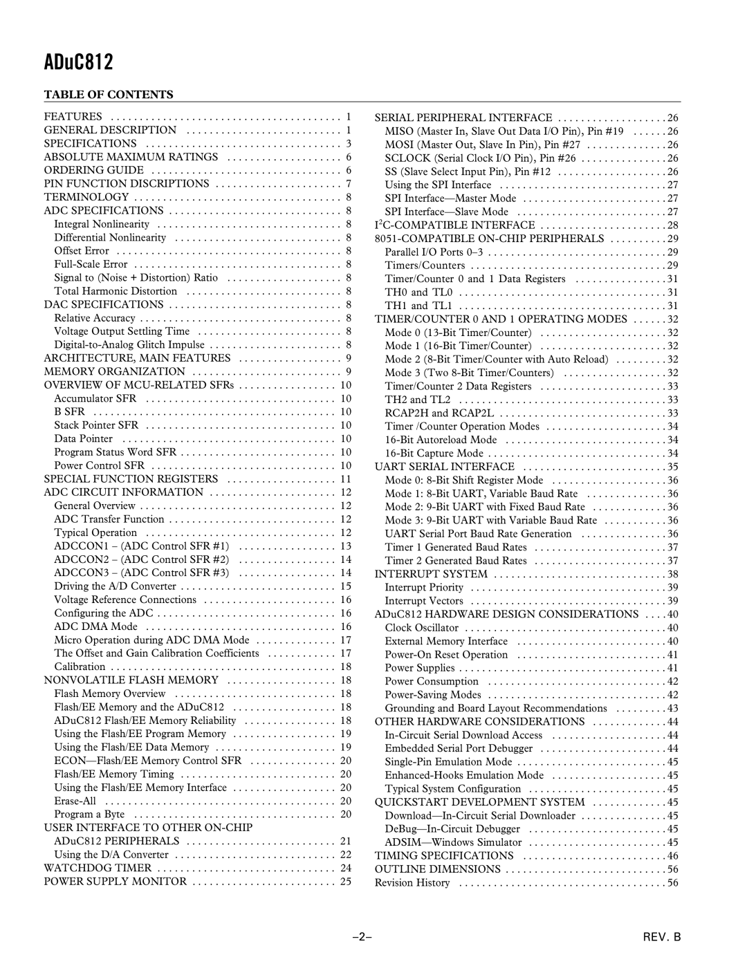 Analog Devices ADuC812 manual Table of Contents 