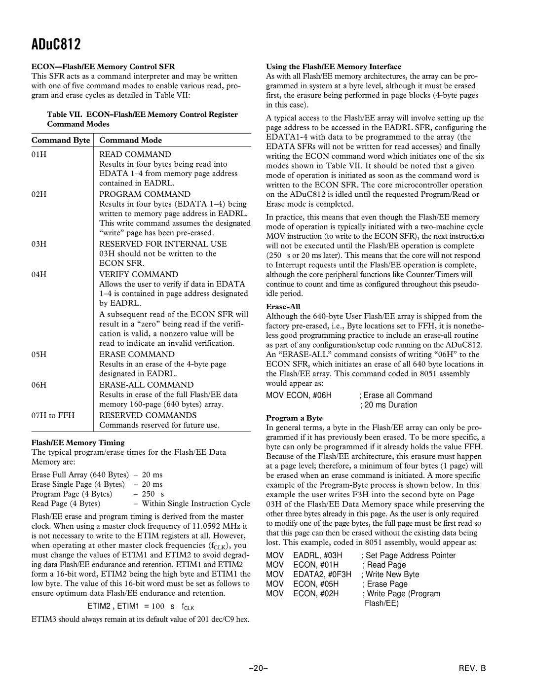 Analog Devices ADuC812 manual Command Byte Command Mode 