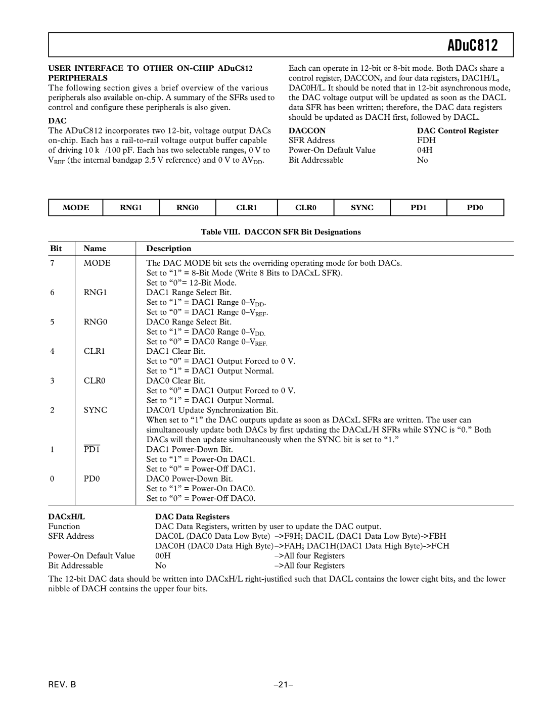 Analog Devices ADuC812 manual Fdh, Mode, RNG1, RNG0, CLR1, CLR0, Sync, PD0 