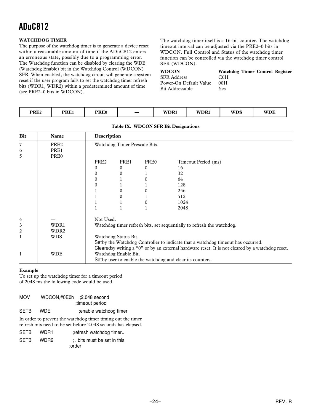 Analog Devices ADuC812 manual C0H, PRE1 PRE0 PRE2, WDR1, WDR2 WDS, Wde 