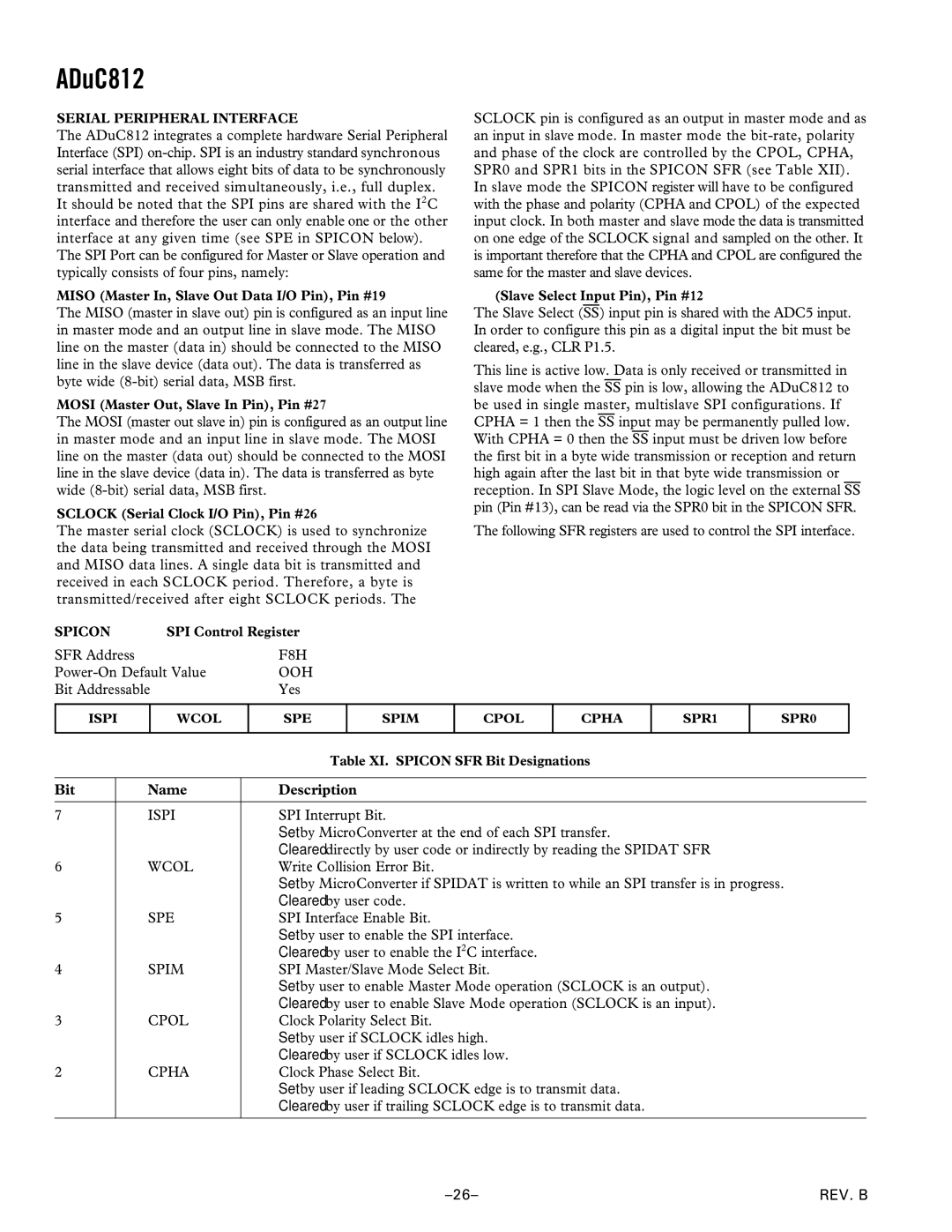 Analog Devices ADuC812 manual F8H, Ooh, Ispi, Wcol, Spe, Spim, Cpol, Cpha 