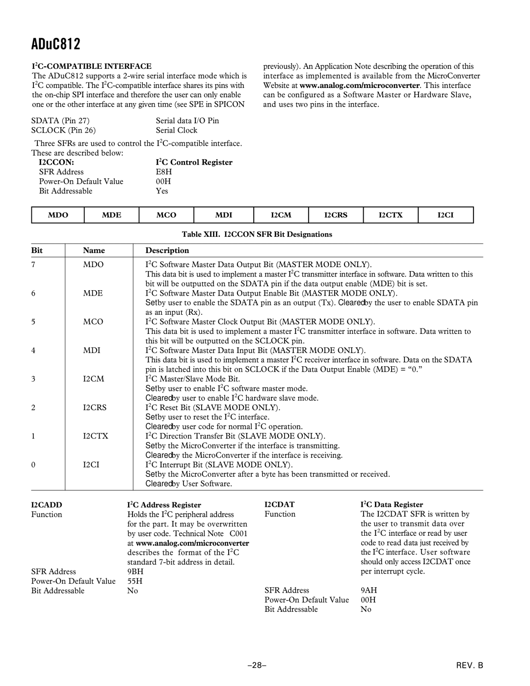 Analog Devices ADuC812 manual I2CCON, 2C Control Register 