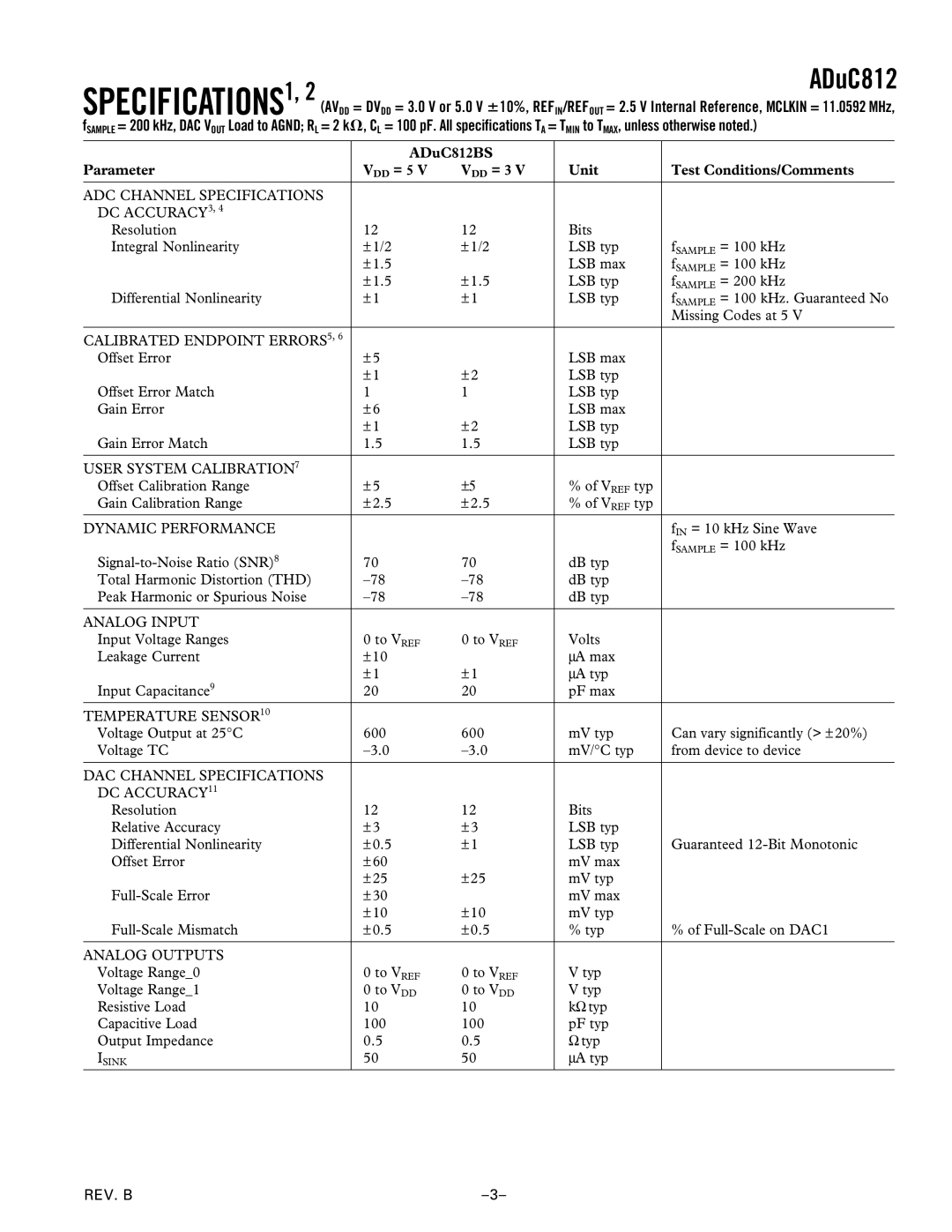 Analog Devices ADuC812 ADC Channel Specifications DC ACCURACY3, Calibrated Endpoint ERRORS5, User System CALIBRATION7 