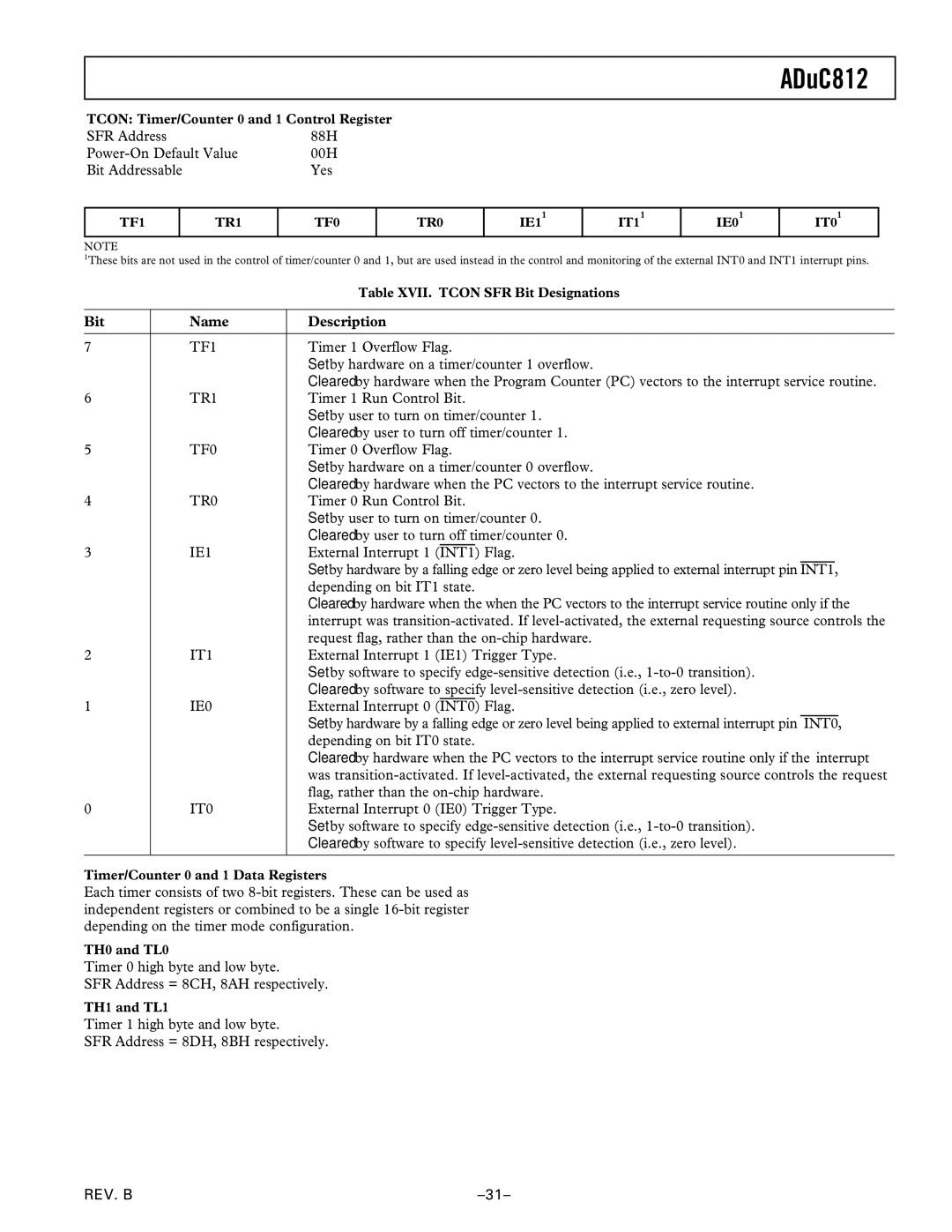 Analog Devices ADuC812 manual TF1, TR1, TF0, TR0, IE1, IT1, IE0, IT0 