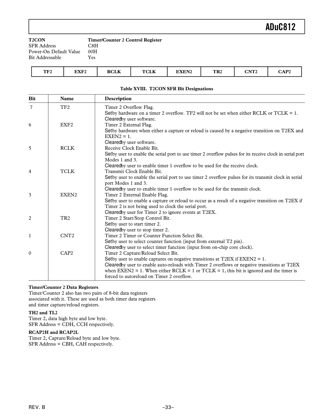 Analog Devices ADuC812 manual C8H, TF2, EXF2, Rclk, Tclk, EXEN2, TR2, CNT2, CAP2 