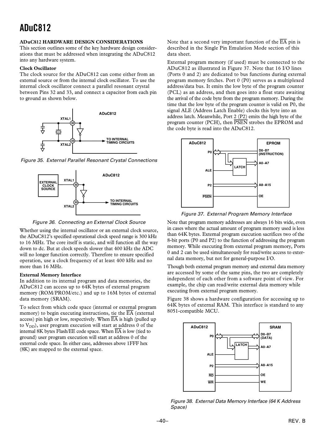 Analog Devices manual ADuC812 Hardware Design Considerations, Clock Oscillator, External Memory Interface 