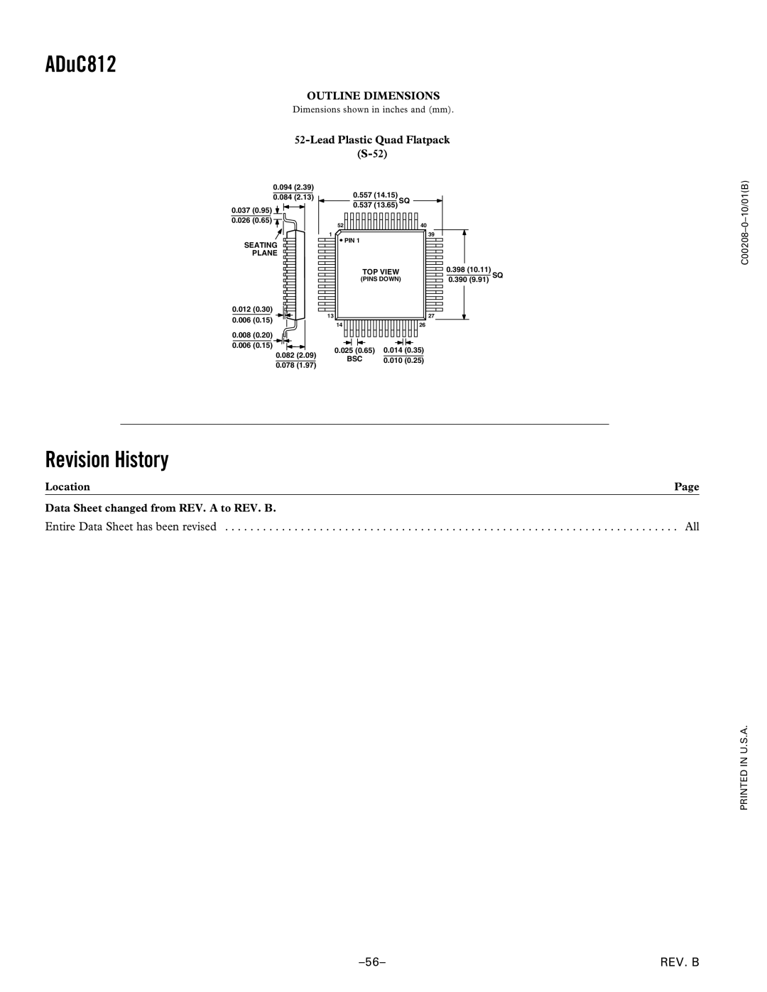 Analog Devices ADuC812 manual Entire Data Sheet has been revised, Outline Dimensions, Lead Plastic Quad Flatpack 