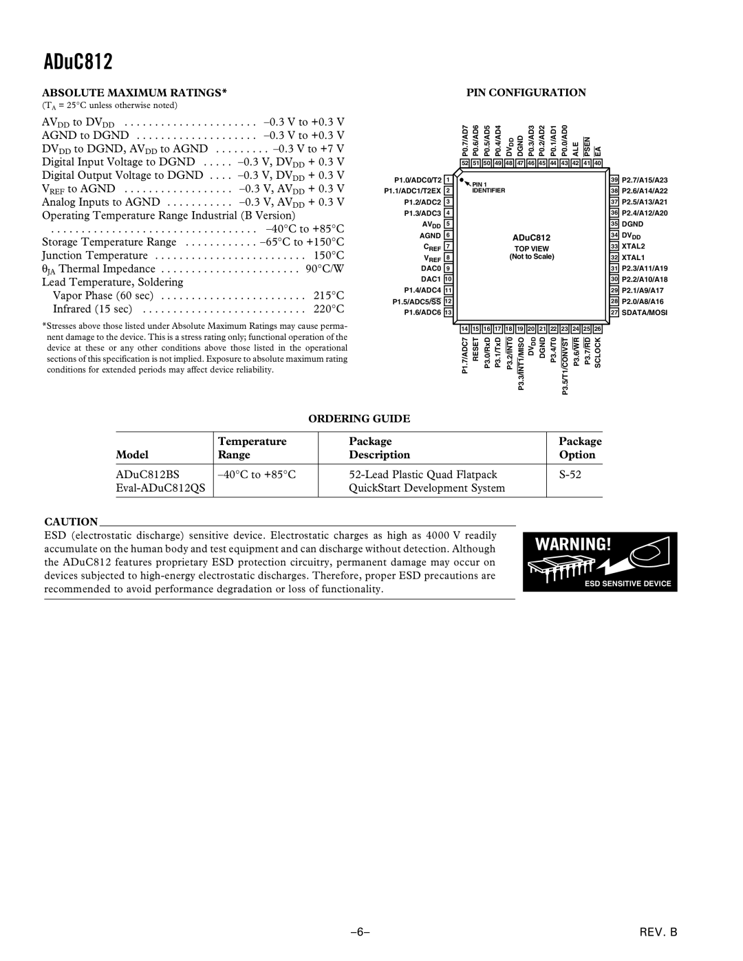 Analog Devices ADuC812 manual Temperature Package Model Range Description Option, PIN Configuration, Ordering Guide 