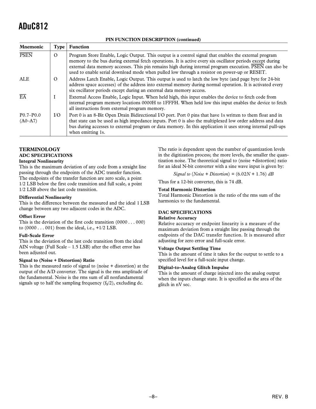 Analog Devices ADuC812 Terminology, Thus for a 12-bit converter, this is 74 dB, ADC Specifications, DAC Specifications 