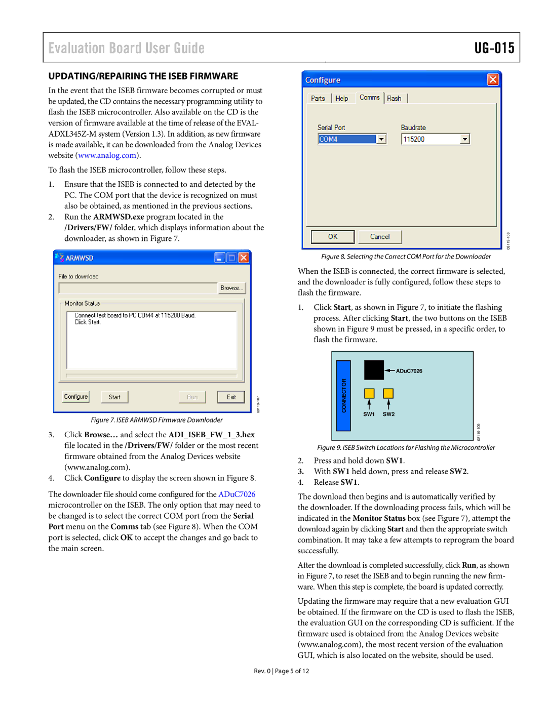 Analog Devices ADXL345 manual UPDATING/REPAIRING the Iseb Firmware, To flash the Iseb microcontroller, follow these steps 