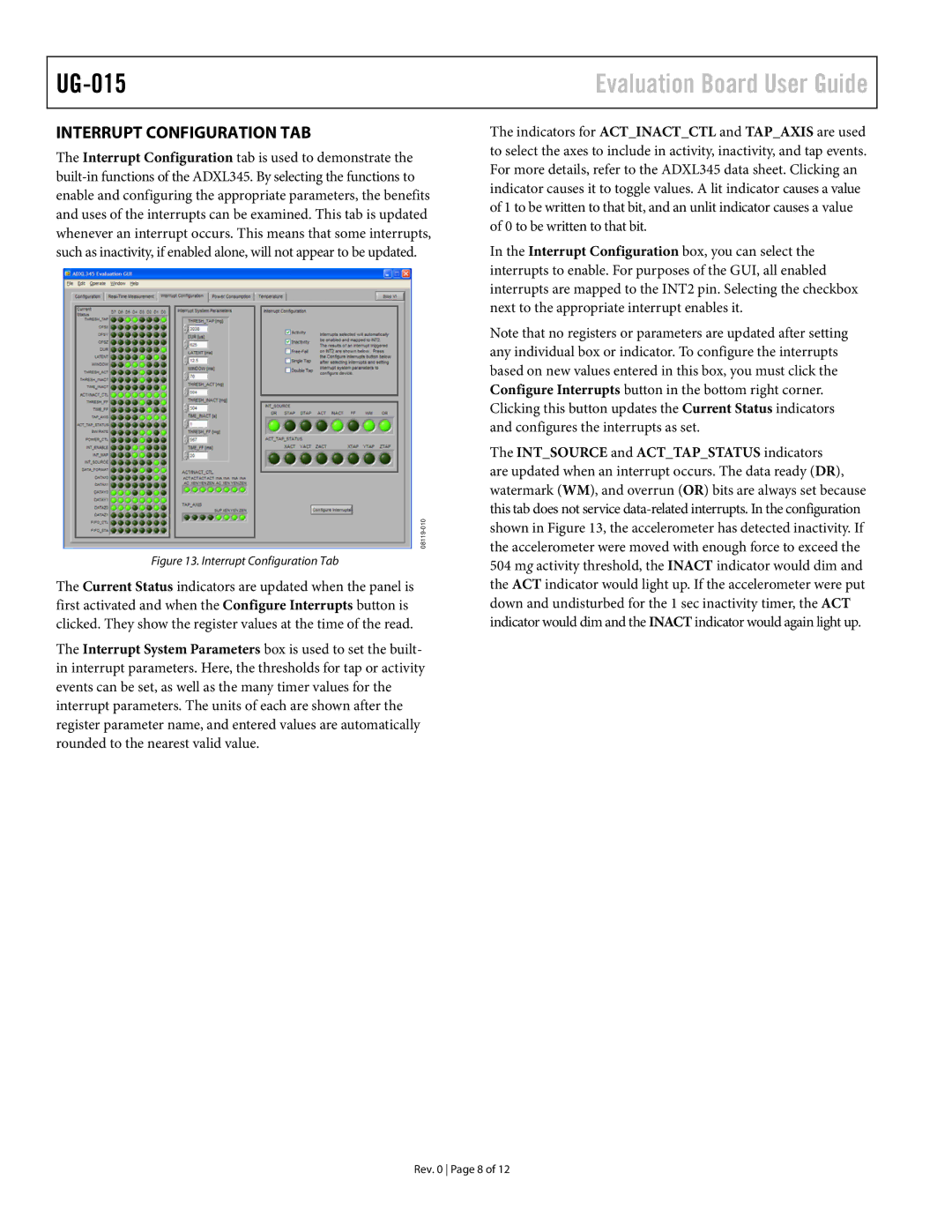 Analog Devices ADXL345 manual Interrupt Configuration TAB, Interrupt Configuration Tab 