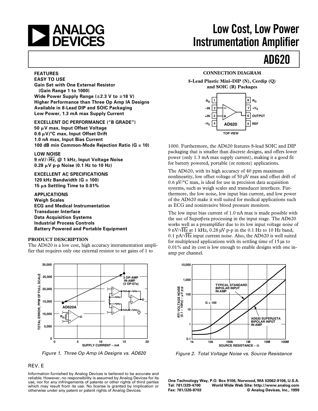 Analog Devices AD620, C1599c07 specifications Connection Diagram, Product Description 