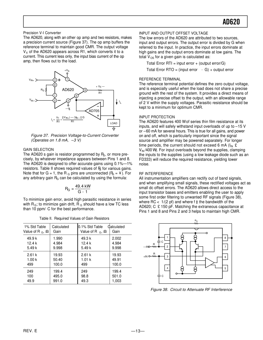 Analog Devices AD620, C1599c07 Gain Selection, Input and Output Offset Voltage, Reference Terminal, Input Protection 