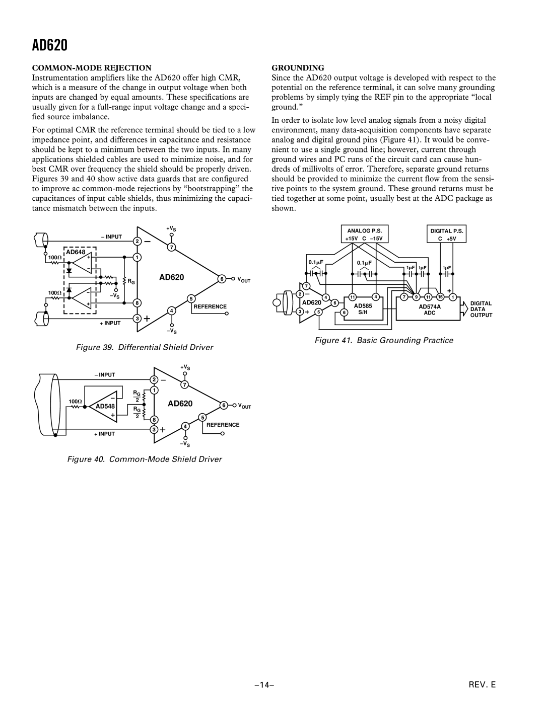 Analog Devices C1599c07, AD620 specifications COMMON-MODE Rejection, Grounding 