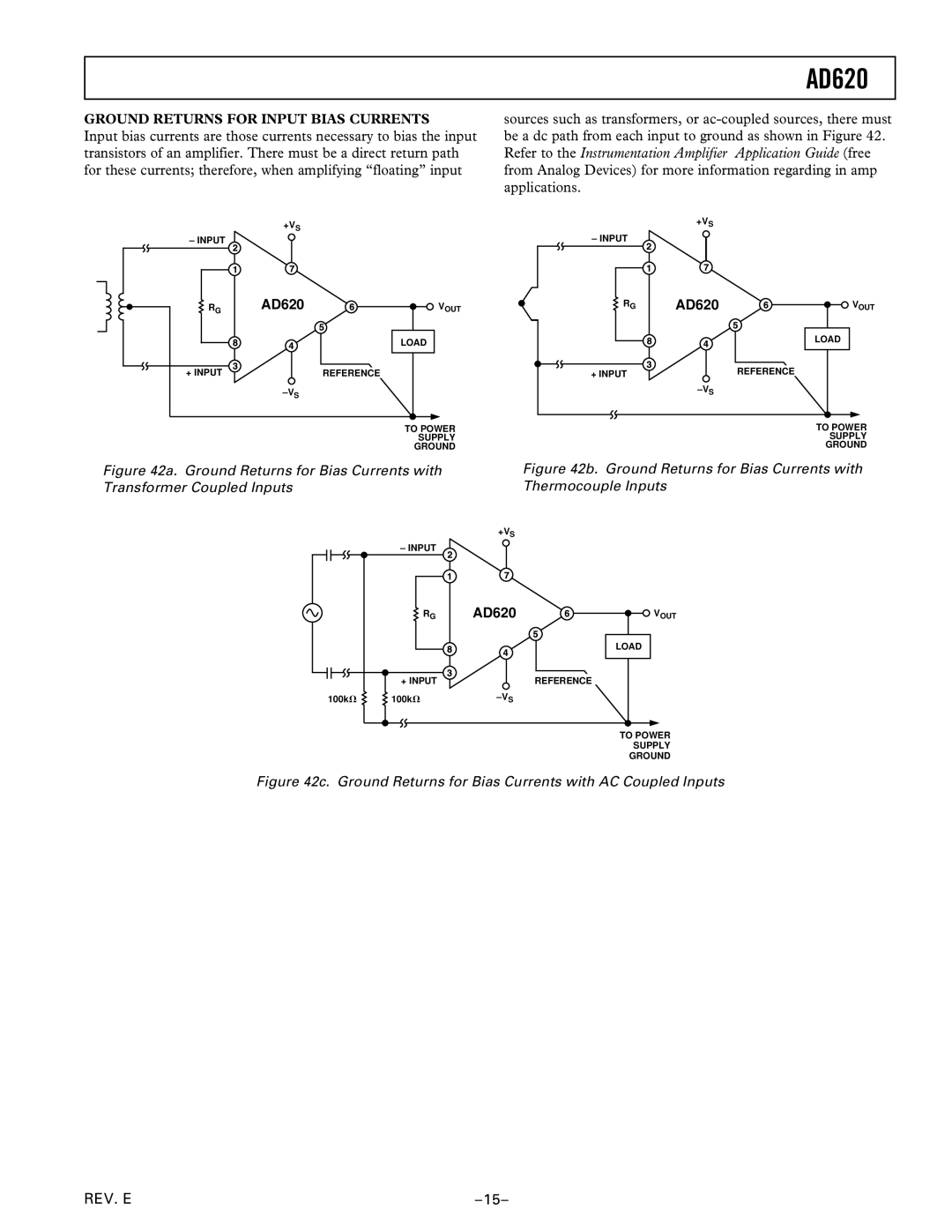 Analog Devices AD620 Ground Returns for Input Bias Currents, Ground Returns for Bias Currents with Thermocouple Inputs 