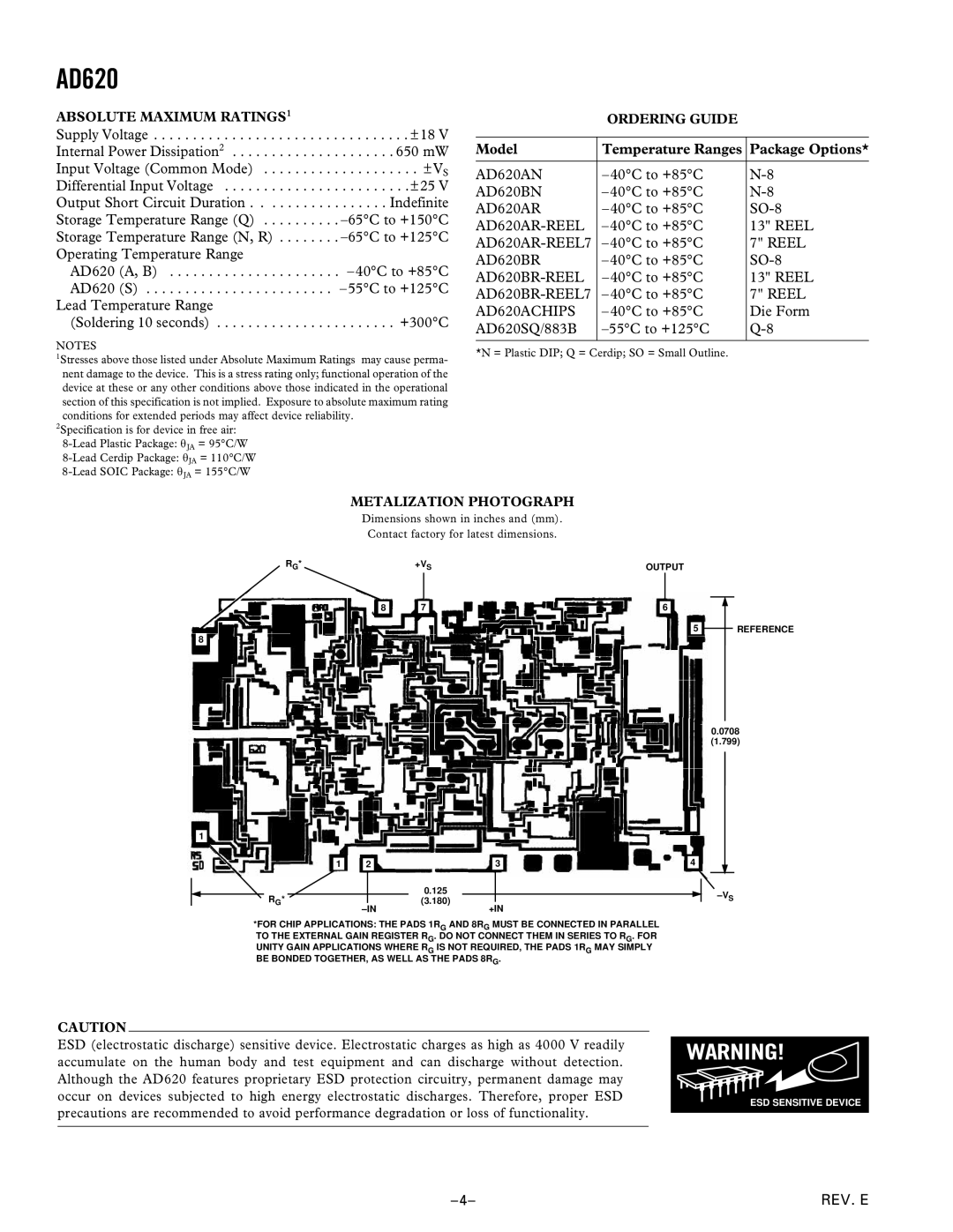 Analog Devices C1599c07, AD620 specifications Absolute Maximum RATINGS1, Ordering Guide, Metalization Photograph 