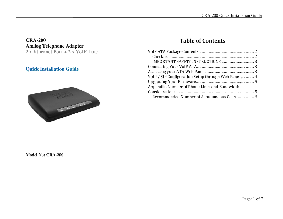 Analog Devices CRA-200 appendix Table of Contents 