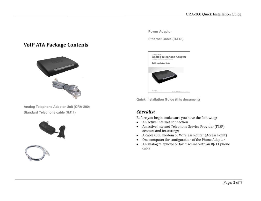 Analog Devices CRA-200 appendix VoIP ATA Package Contents 