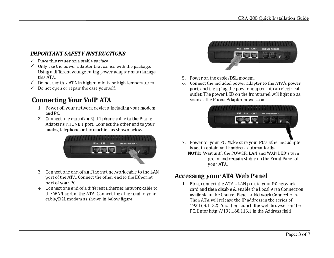 Analog Devices CRA-200 appendix Connecting Your VoIP ATA, Accessing your ATA Web Panel 