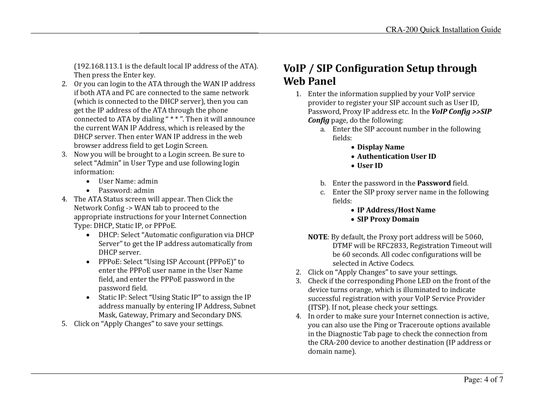 Analog Devices CRA-200 appendix VoIP / SIP Configuration Setup through Web Panel, Display Name Authentication User ID 