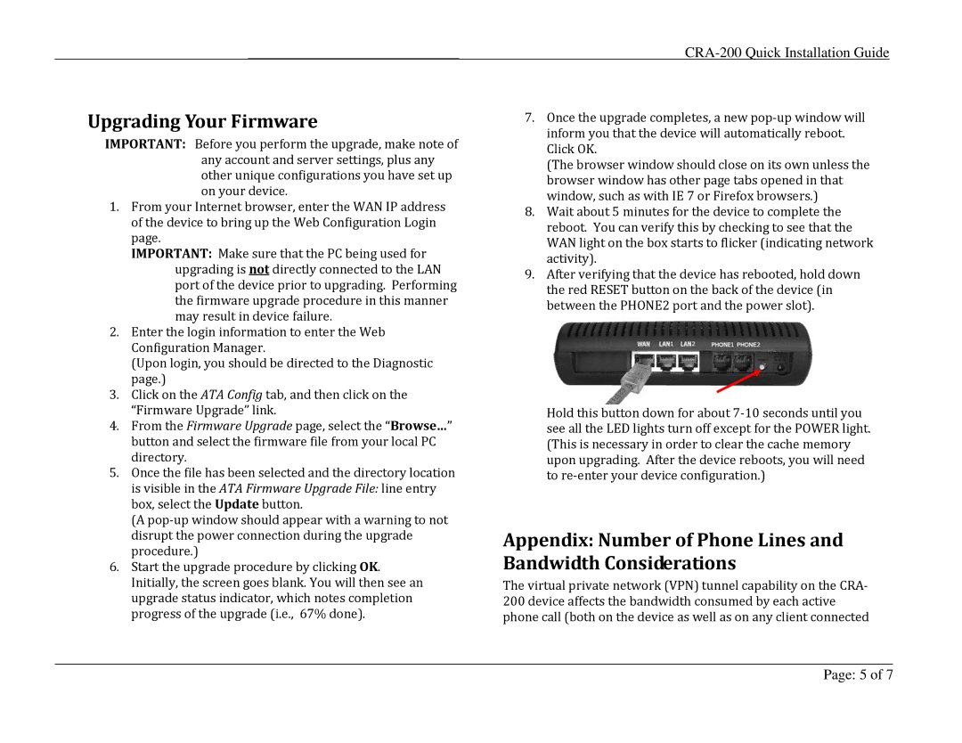 Analog Devices CRA-200 appendix Upgrading Your Firmware, Appendix Number of Phone Lines and Bandwidth Considerations 