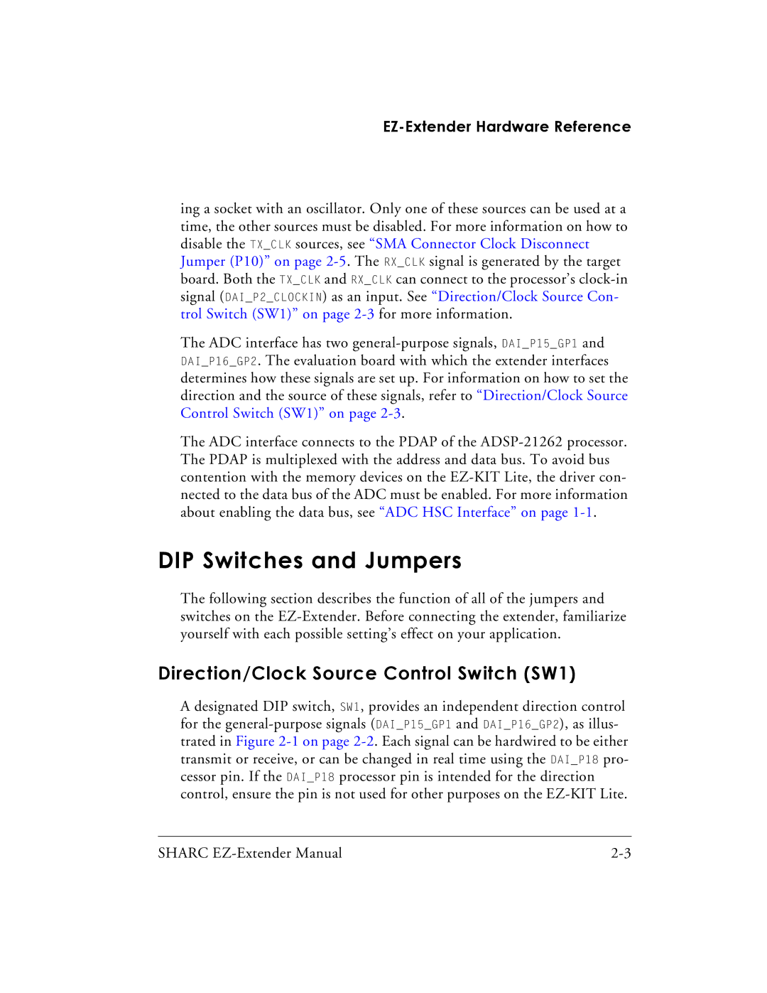 Analog Devices 82-000805-01, EZ-Extender manual DIP Switches and Jumpers, Direction/Clock Source Control Switch SW1 