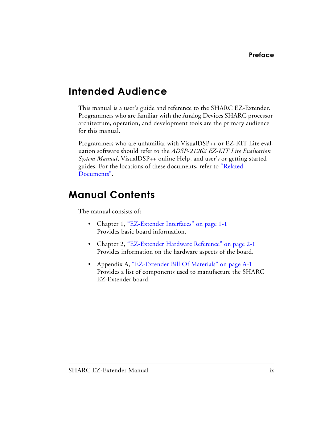 Analog Devices 82-000805-01, EZ-Extender manual Intended Audience, Manual Contents 