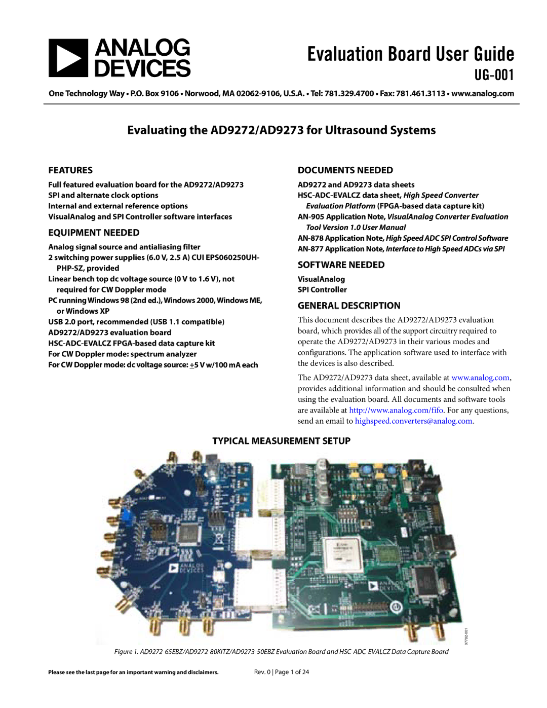 Analog Devices AD9273 user manual Features, Equipment Needed, Documents Needed, Software Needed, General Description 