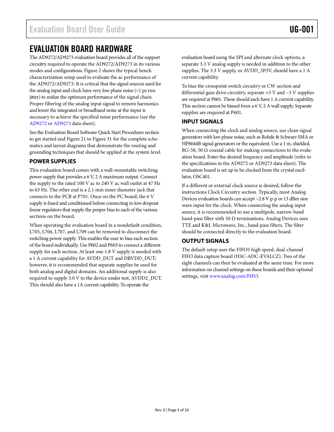 Analog Devices UG-001, AD9273, AD9272 user manual Power Supplies, Input Signals, Output Signals 