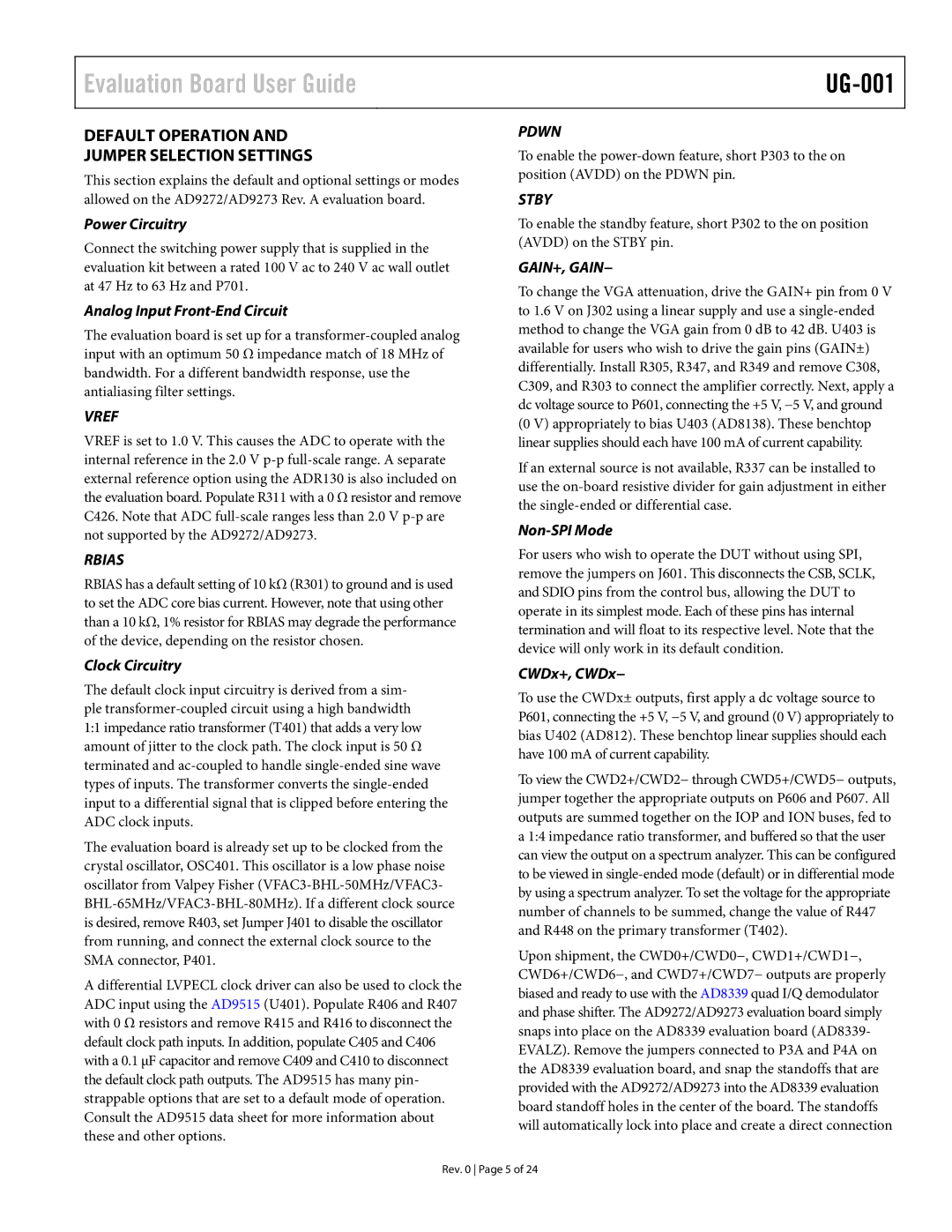 Analog Devices AD9272, UG-001, AD9273 user manual Default Operation Jumper Selection Settings 