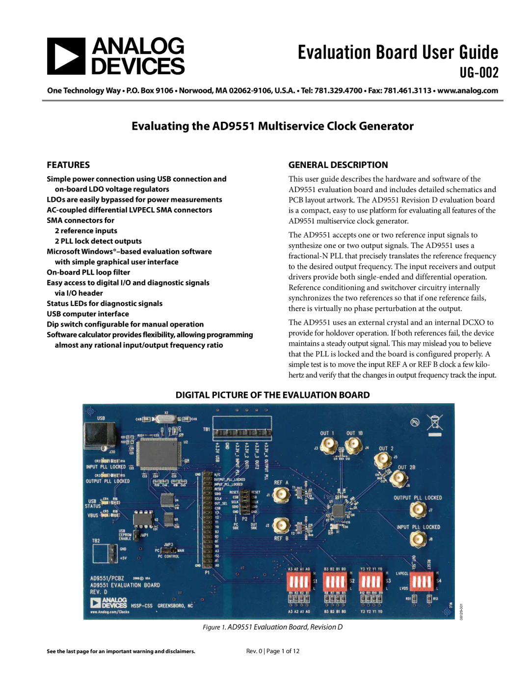 Analog Devices AD9551, UG-002 manual Features, General Description, Digital Picture of the Evaluation Board 