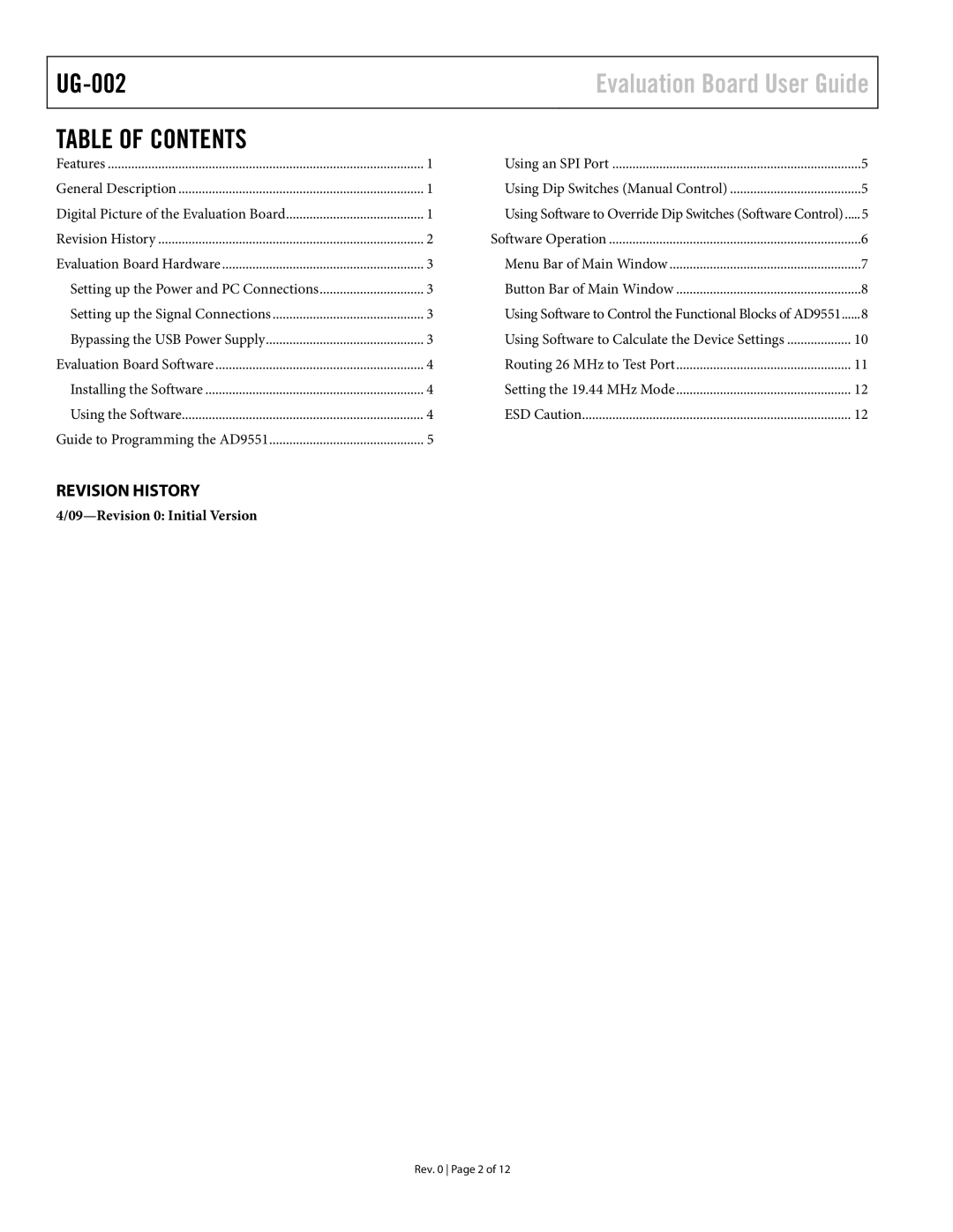 Analog Devices UG-002, AD9551 manual Table of Contents 