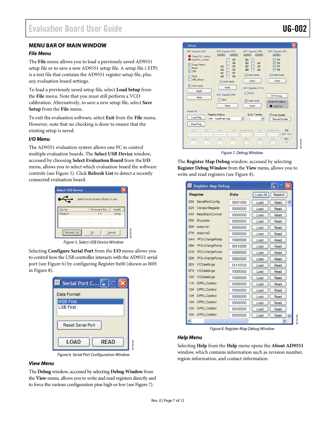 Analog Devices AD9551, UG-002 manual Menu BAR of Main Window, File Menu, View Menu, Help Menu 