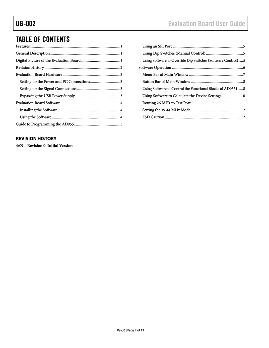 Analog Devices UG-002 Table Of Contents, Evaluation Board User Guide, Revision History, 4/09-Revision 0 Initial Version 