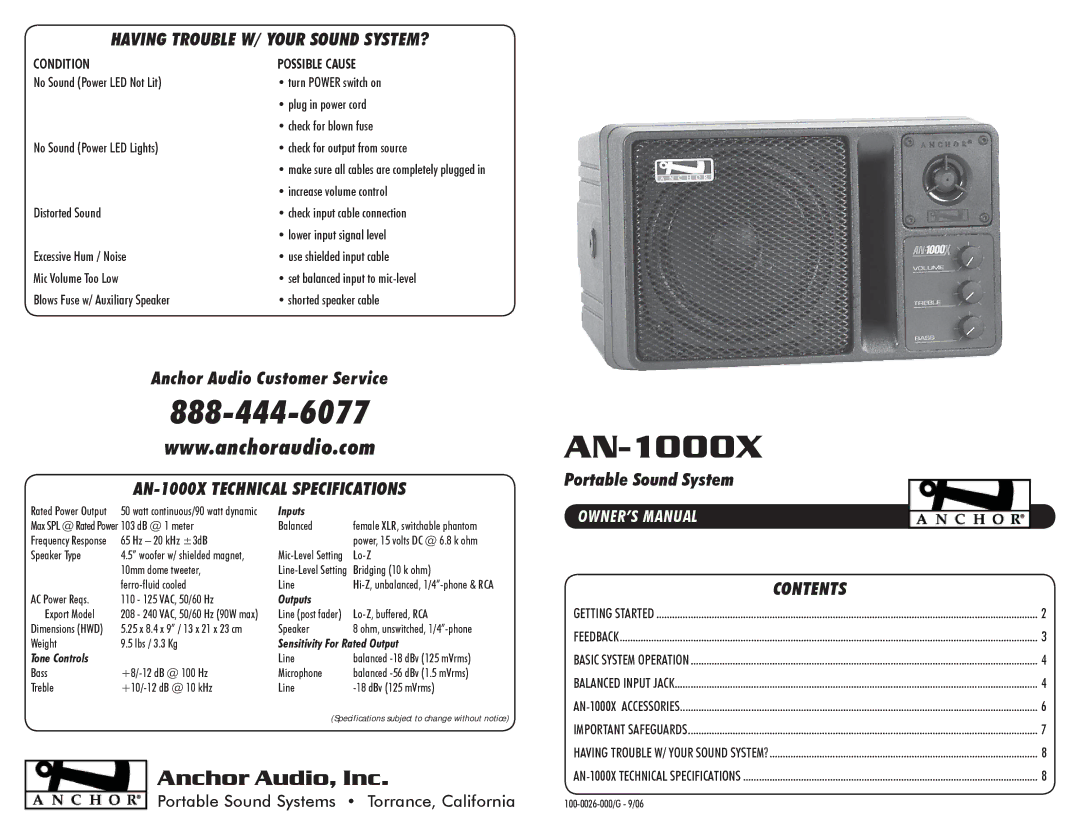 Anchor Audio owner manual Having Trouble W/ Your Sound SYSTEM?, AN-1000X Technical Specifications 