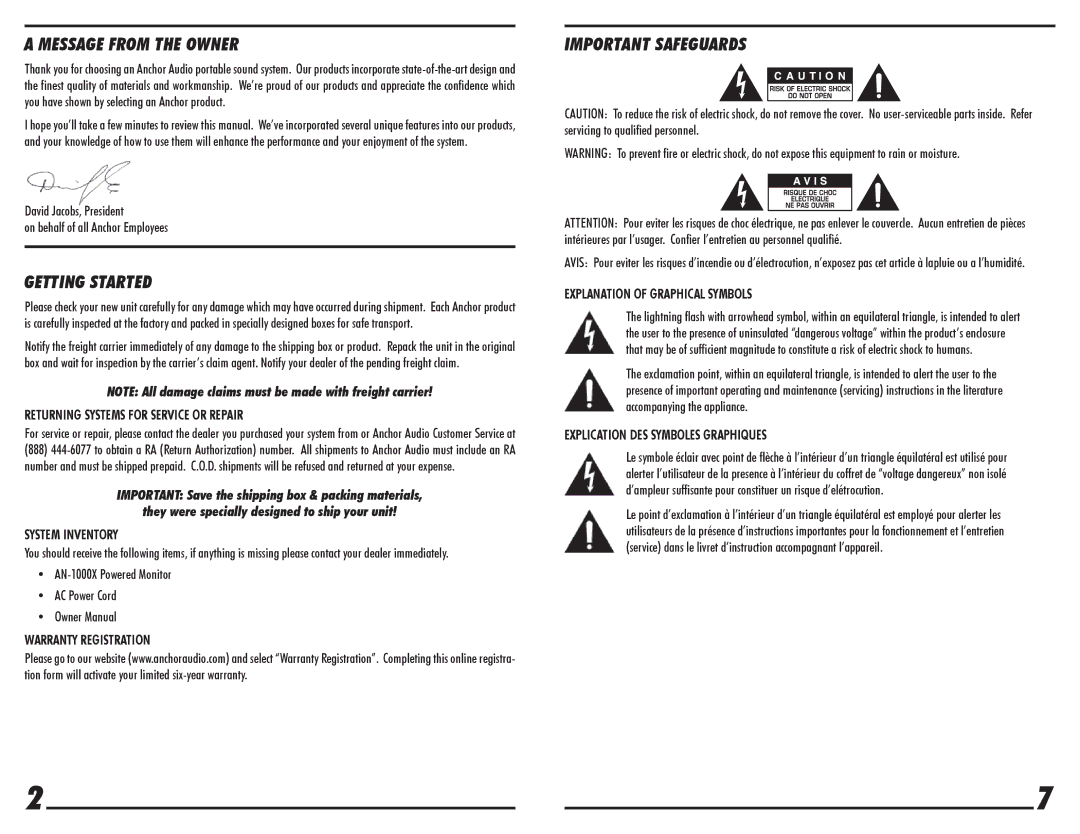 Anchor Audio AN-1000X owner manual Message from the Owner, Getting Started, Important Safeguards 