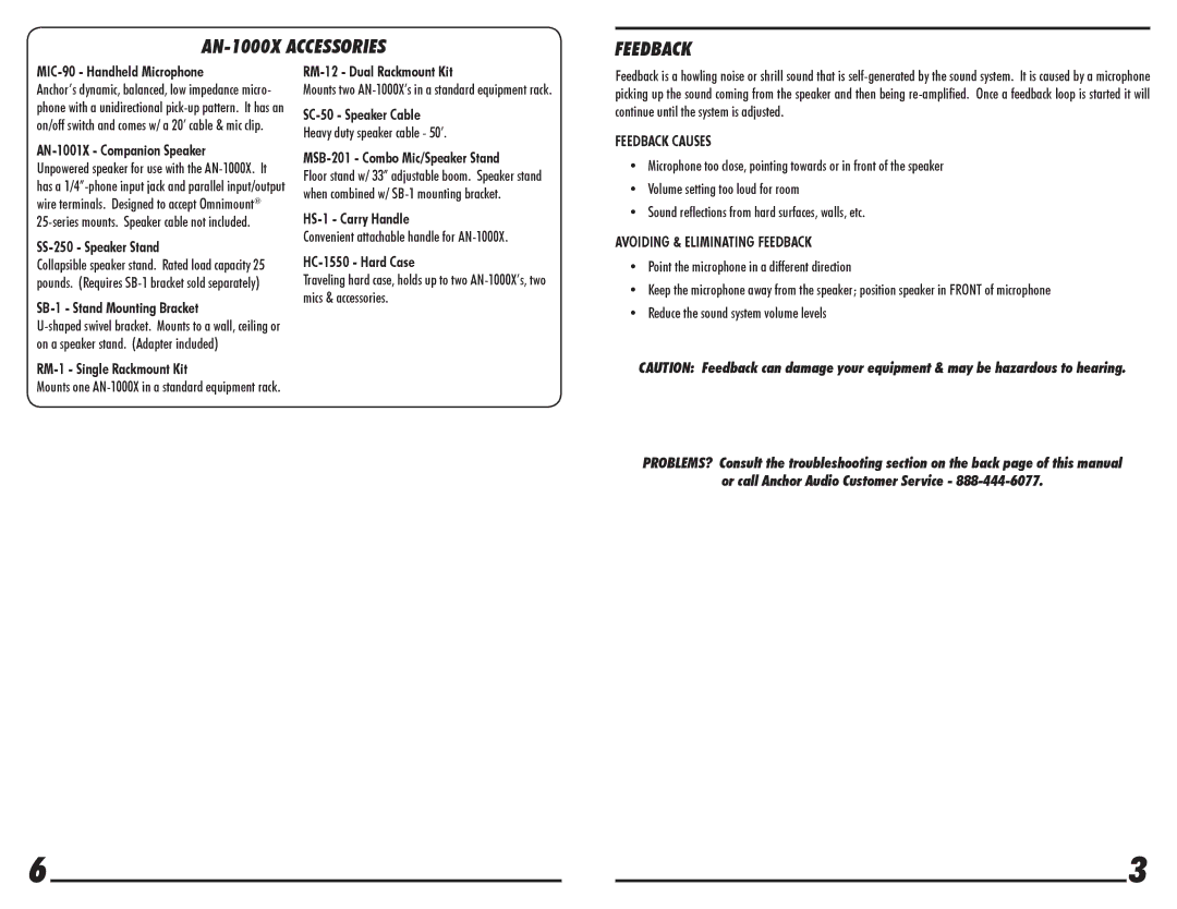 Anchor Audio owner manual AN-1000X Accessories Feedback, Feedback Causes, Avoiding & Eliminating Feedback 