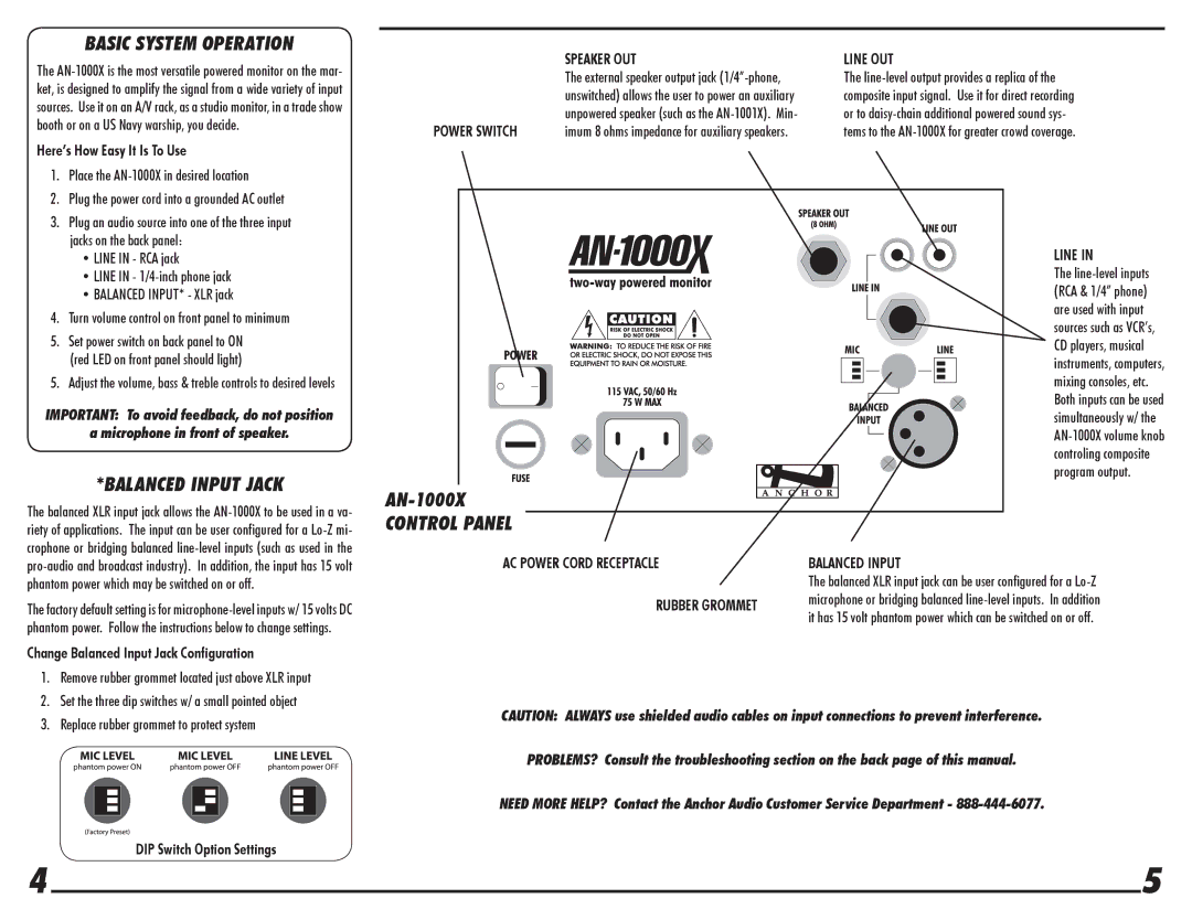 Anchor Audio AN-1000X owner manual Basic System Operation, Balanced Input Jack, Control Panel 