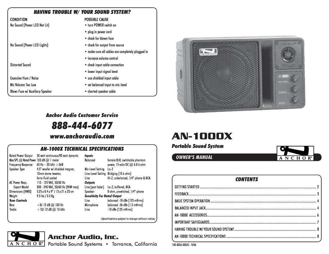 Anchor Audio AN-1000X owner manual Having Trouble W/ Your Sound System?, Anchor Audio Customer Service, plug in power cord 