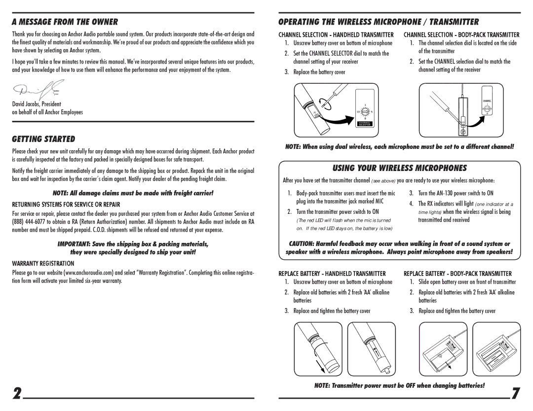 Anchor Audio AN-130 owner manual Getting Started, Using Your Wireless Microphones, Returning Systems for Service or Repair 