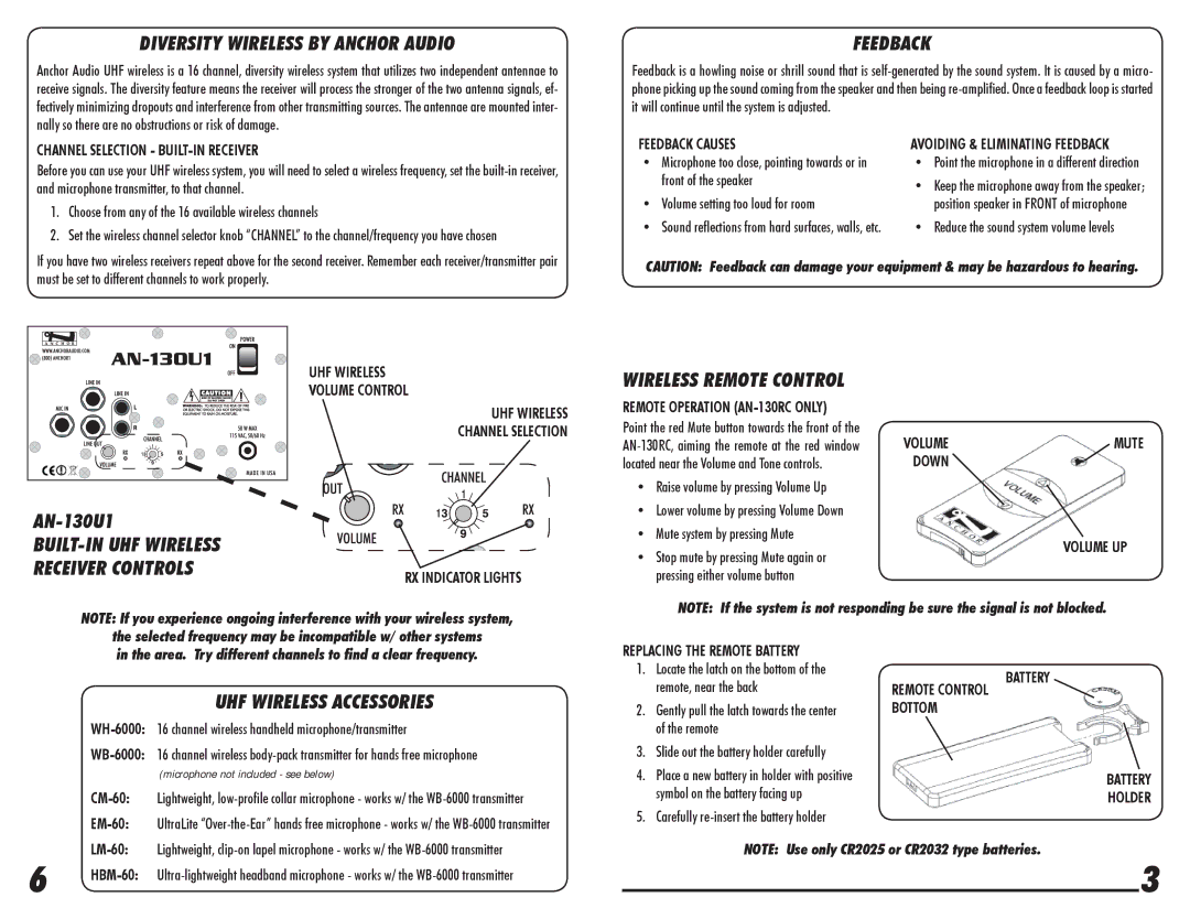 Anchor Audio AN-130 owner manual Diversity Wireless by Anchor Audio, Feedback, BUILT-IN UHF Wireless Receiver Controls 