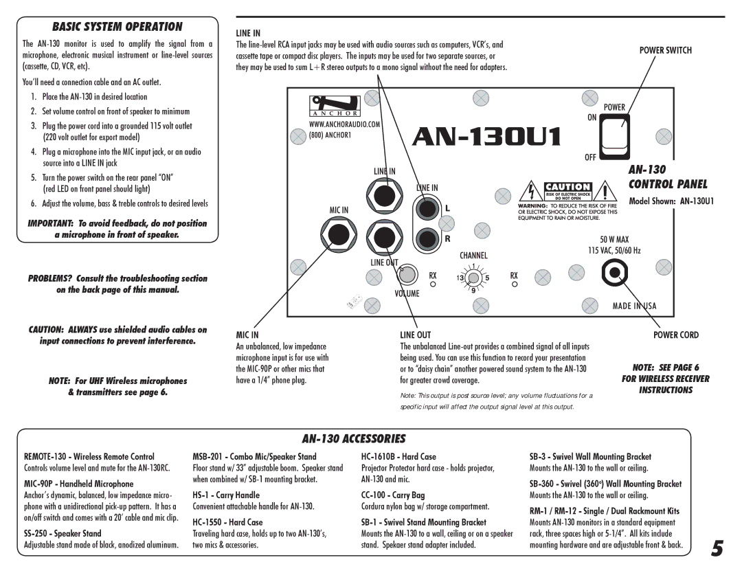 Anchor Audio owner manual Basic System Operation, AN-130 Accessories 