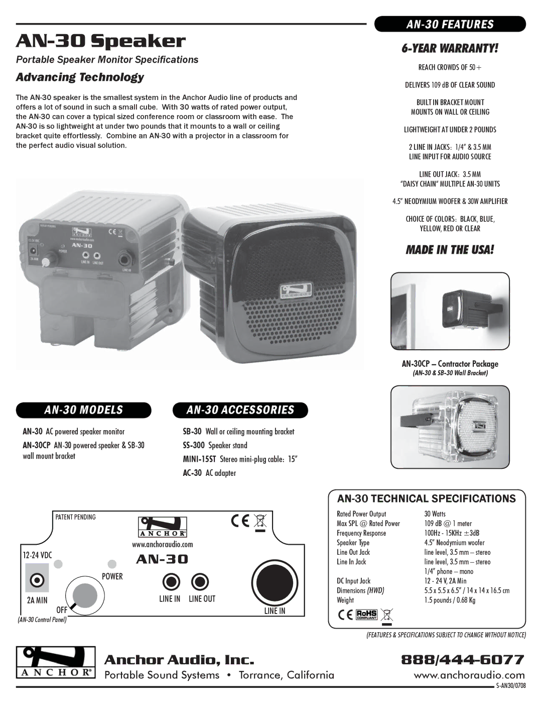 Anchor Audio technical specifications AN-30 Speaker, Advancing Technology, AN-30 Models AN-30 Accessories 